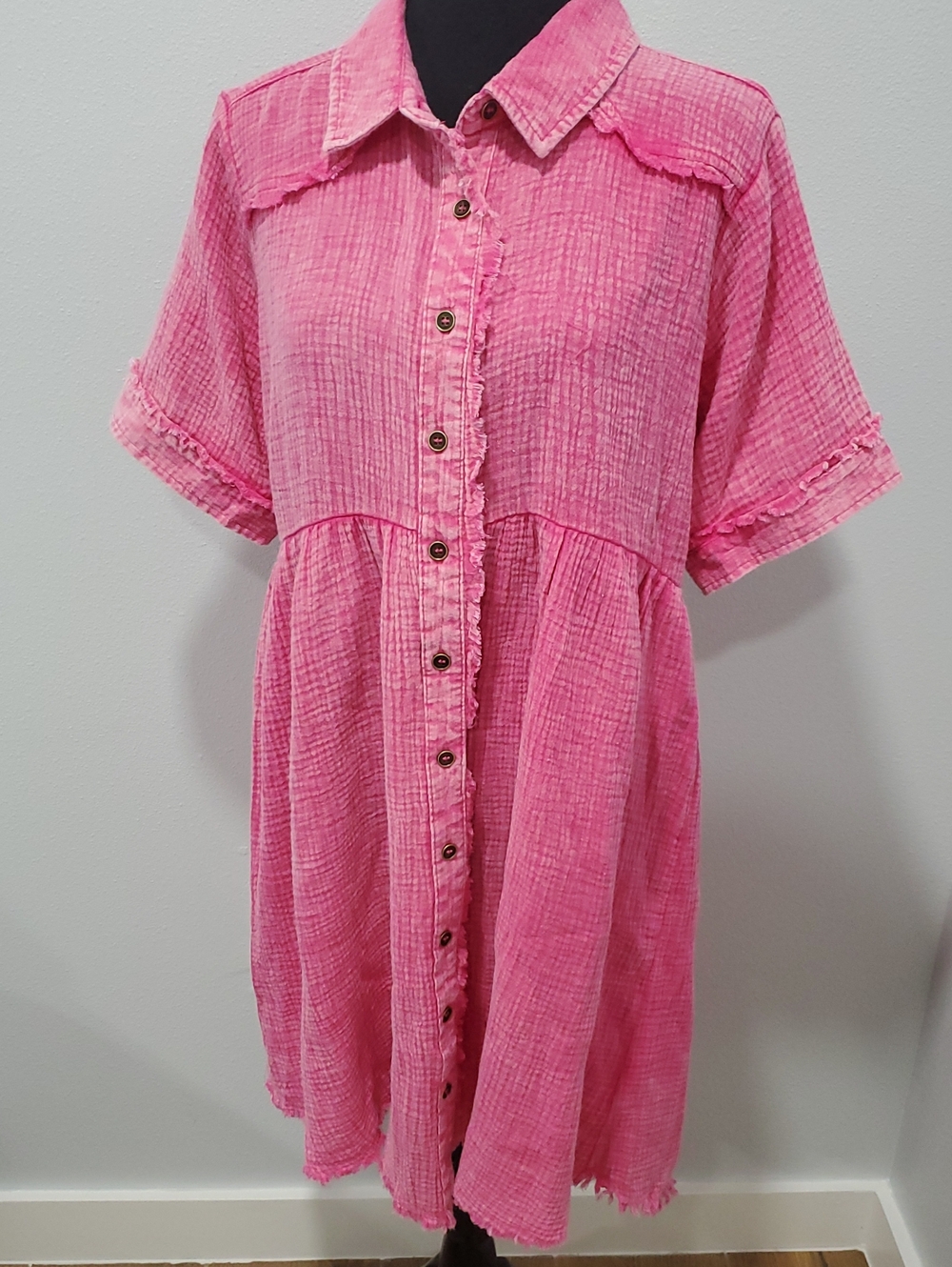 Umgee Pink Button-Front Gauze Collared Dress